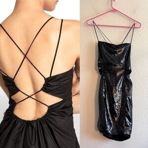 NWT FRAME Tie Back Mini Dress Sample Piece Black Metallic RARE